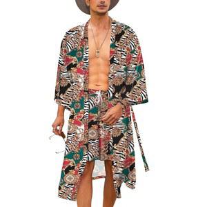 COOFANDY 남성용 경량 투피스 기모노 로브 반바지 일본 캐주얼 오픈 프론트 롱 가디건 벨트 포함, 화이트(럭셔리 프린트), 스몰