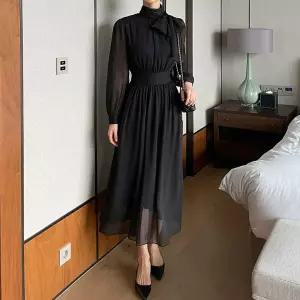 [예쎄오피스] (예쎄) 빅리본타이 포인트 하이넥 쉬폰 롱 원피스(S5WOP026A)