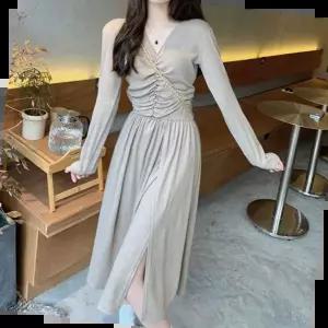 골지원피스 세련된 브이넥 가슴 셔링 랩원피스 A라인 허리밴딩