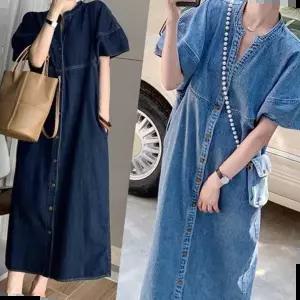 랩원피스 데님 롱원피스 앞 브이트임 가오리핏 절개 스티치