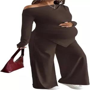 메이크메칙 여성용 임부복 2피스 가을 의상 비대칭 상의와 바지 임신 매칭 세트