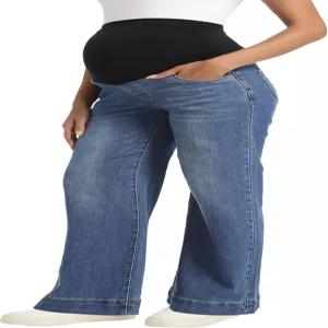 푸코메 여성 임산부 청바지 와이드 레그 트렌디 편안한 신축성 스트레이트 임신 데님 팬츠