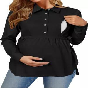 OUGES 여성 산부인과 간호 셔츠 긴 소매 숨겨진 지퍼 임신 블라우스 버튼 다운 워크 오피스 2025 탑