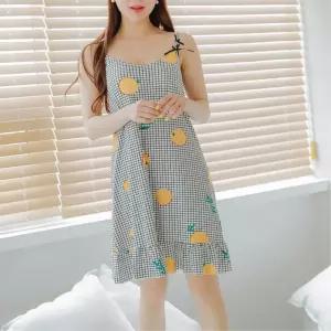 끈나시 민소매 슬립 감귤 체크 잠옷원피스 안대세트 여성홈웨어