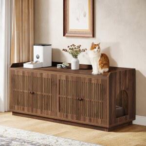Tribeigns, 고양이 쓰레기통 인클로저 2개, 캐비닛 2개와 측면 입구가 있는 55.1인치 초대형 숨겨진 가구, 거실 수납 공간이 나무 XL 화장실 러스틱 브라운