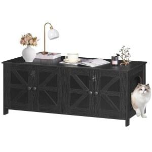 고양이 2마리를 위한 후브로 화장실, 숨겨진 화장실 가구, 47.2 x 17.7 19.7 인치, 듀얼 룸이 있는 나무 TV 스탠드, 대형 집, 블랙 BK32MW01G1