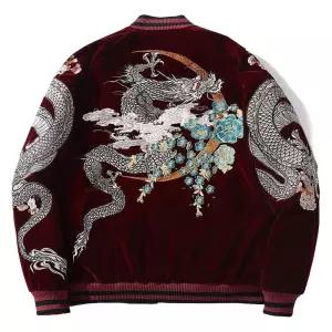 요코스카 스카잔 용 자수 누빔 벨벳 자켓 점퍼 남녀공용 스트릿 빈티지 오리엔탈 레드 블루종