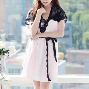 레이스 반팔 끈달린 랩스타일 여성 잠옷 로브 가운 호텔 신혼부부 홈웨어