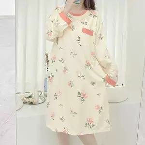 배색라인 꽃무늬 긴팔 원피스 잠옷 스타일링 꾸안꾸 20대패션 집콕룩