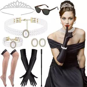 잼타워 8종 공주 의상 1920년대 여성용 액세서리 할로윈 세트 진주 목걸이 귀걸이 라인스톤 티아라 크라운
