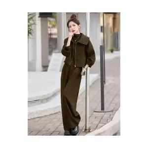 엘럽 여성용 정장세트 가을 겨울 한 벌 빅 터틀넥 모직 반코트 와이드 바지 투피스 박템4