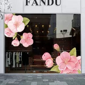 복숭아꽃 유리창스티커 정전기 시트지 핑크 봄꽃 대형 쇼윈도 유리창 코너 매장 가게 데코