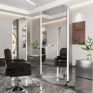 대형 미용실 거울 사각 스탠드 단면 조명 양면경대