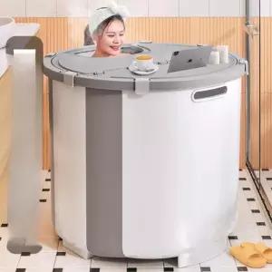 간이욕조 이동 미니 원터치 반신 욕조 플라스틱 접이식 1인 뚜껑 있음 + 목욕 가방