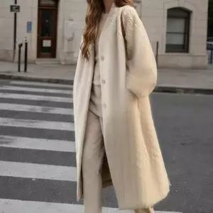 [오아즈] 우아한 핏 케이블 니트 퍼 롱코트