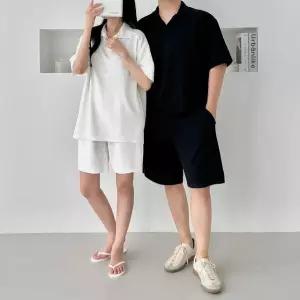 썸머 커플 세트 반팔 카라티 밴딩 반바지 트레이닝 (WFJSPGR)