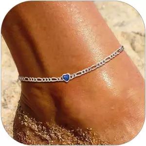 U7 실버큐트 스털링 실버 여성 발찌 대형 하트/라운드 탄생석 발목 팔찌 피가로 체인 방수 여름 해변 발