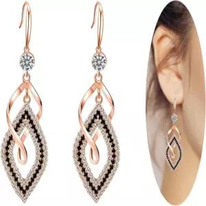 여성 댕글 귀걸이 925 스털링 실버 핸드메이드 선형 소용돌이 와이어 보헤미안 보호 14K 골드 다이아몬드