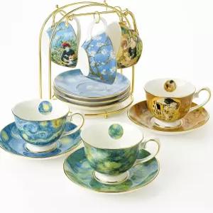 GUT 반 고흐 본 중국 세트 6컵 접시 랙 커피잔 선물 상자 8온스 아트 커피 머그잔