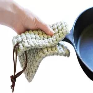 키라 - 더블 두꺼운 면 냄비 홀더 핸드 크로셰 염색 핸드메이드 탈착식 가죽 루프 트리벳 천연 핫 패드