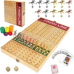 퍼니비앤지 21인치 경마 보드게임 11마리의 금속 말 솔리드 우드 60개 포커 칩 2개 가족 테이블탑 파티용