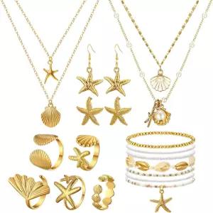 톤디아모 16개 조개껍질 불가사리 장신구 세트 귀걸이 반지 보호 레이어 참 목걸이 여름 해변 팔찌 천연