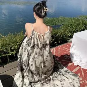 민소매 주름나시 나염 롱원피스 F007298_홀터넥