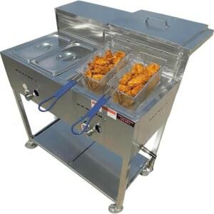 튼튼한 튀김 카트 | 30파운드 3갤런 싱글 탱크 2팬 스팀 테이블 휴대용 4륜 스테인리스 스틸 바구니 2개 + 온도계 닭고기, 생선 등을 위한 야외 프로판 튀김기