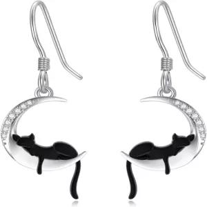 여성 LWXIE 다이아몬드 달과 검은 고양이 귀걸이 925 스털링 실버 랩 재배 애호가 주얼리 선물
