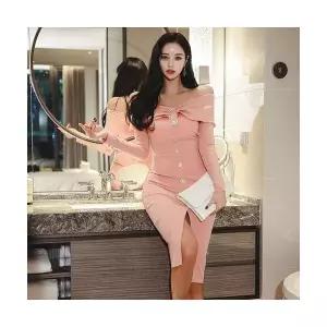 여자 원피스 쉬폰 보트넥 디너 주름 턴업 날씬하고 러블리 드레스 파티 원템5