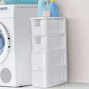 4단 수납장 슬림 화이트 다용도 틈새 수납장 안방 거실 공간 플라스틱 바구니 장난감 서랍장 책장 욕실