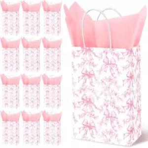 FYSUIMU 24Pcs 핑크 분홍색 보우 플로럴 종이가방 30매 티슈 종이 코켓 캔디 생일파티 손잡이 사탕 간식