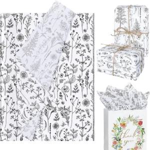 애니디자인 100매 빈티지 야생화 티슈 흑백 꽃 선물 포장지 생일 선물용 식물 장식 티슈지 베이비샤워