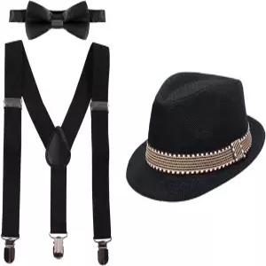 FYMNSI 키드 Y-백 조절 가능한 브레이스 서스펜션 프리타이 보타이 숏 트림 페도라 모자 3PCS 남성용 의상