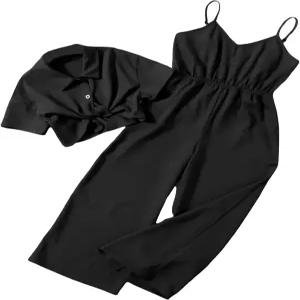 오요앵글 소녀의 2피스 의상 반팔 버튼 다운 셔츠 크롭탑과 와이드 레그 팬츠 점프수트 세트