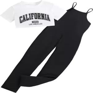 에코랄라 소녀의 2피스 의상 그래픽 반팔 크롭탑과 카미 점프수트 팬츠 세트