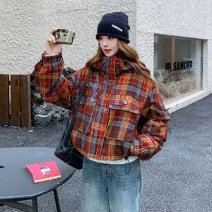 빛채운 여성 패딩 쇼트 겨울 슬림핏 기모 도톰 체크 코트 OPH4