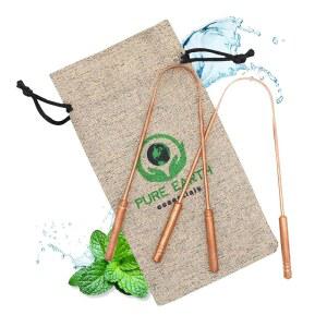 성인 및 어린이용 순수 구리 혀 스크레이퍼 - 케이스 포함 아유르베다 혀 클리너 - 재사용 가능한 구리 혀 클리너 - 퓨어 어스 에센셜의 상쾌한 호흡과 일상적인 구강 관리 (2개/팩)