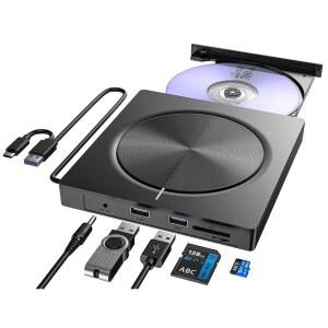 우마니 외장 CD/DVD 드라이브, 노트북용 DVD 플레이어, 6 in 1 휴대용 리더 라이터 ROM 노트북 데스크탑 맥과 호환되는 USB CD 버너 디스크 Windows 11 / 10 8 7 Linux OS