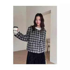 여성용 모직 코트 프렌치 빈티지 체크 라운드 울 겨 상의 KS4