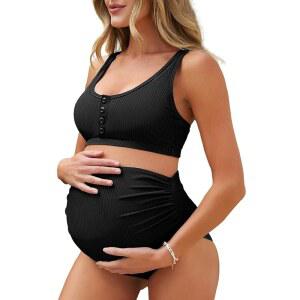 여름 메이 임산부 골지 하이 웨이스트 수영복 크롭 탑 비키니 하이컷 투피스 임신
