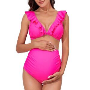 여름 메이 임산부 하이 웨이스트 수영복 투피스 러플 비키니 플로럴 브이넥 임신