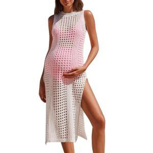 여름 메이 임산부 여성용 크로셰 수영복 커버 민소매 속이 빈 니트 비키니 비치 드레스