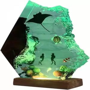 핸드메이드 3D 오션 레진 램프 - 나무 베이스 가변 조명 스쿠버 다이버 선물 다이빙 애호가 수집품 특별한