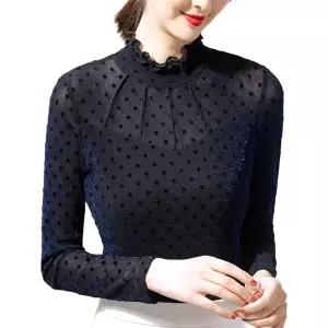 펄스포츠 라인댄스복 망사 여성 상의 살사 밸리 블랙 도트 블루 실 M 40~47.5kg