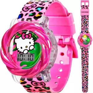 깜빡이는 LED 조명 쇼가 있는 소녀용 헬로키티 LCD 시계 - 비비드 핑크 분홍색 스트랩 코닉한 디자인