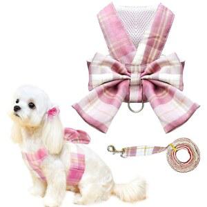 UETZLTB 귀여운 개 하네스와 목줄 세트, 보타이 소프트 메쉬 격자무늬 소녀 강아지 하네스, 작은 치와와 토끼 복장을 위한 노 풀 펫 고양이 조끼 하네스 (핑크,XXL)