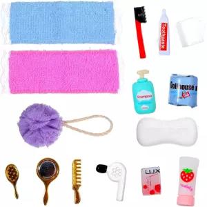 15개의 미니 인형집 액세서리 목욕 장식용 욕조용 스펀지 빗 칫솔 치약 컵 거울 수건 비누 세트 집 침실