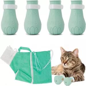 헤테노요 4피스 긁힘 방지 실리콘 고양이 신발 및 그루밍 메쉬 백 발톱 커버 네일 트리밍용 다기능 물림