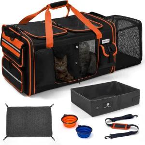 고양이를 위한 리터 박스가 있는 2마리 고양이용 확장 가능한 초대형 고양이 캐리어 큰 작은 개 애완동물 -